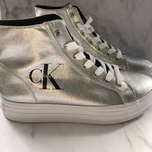 Calvin Klein Womens High-Top Sneakers Silver 8 1/2